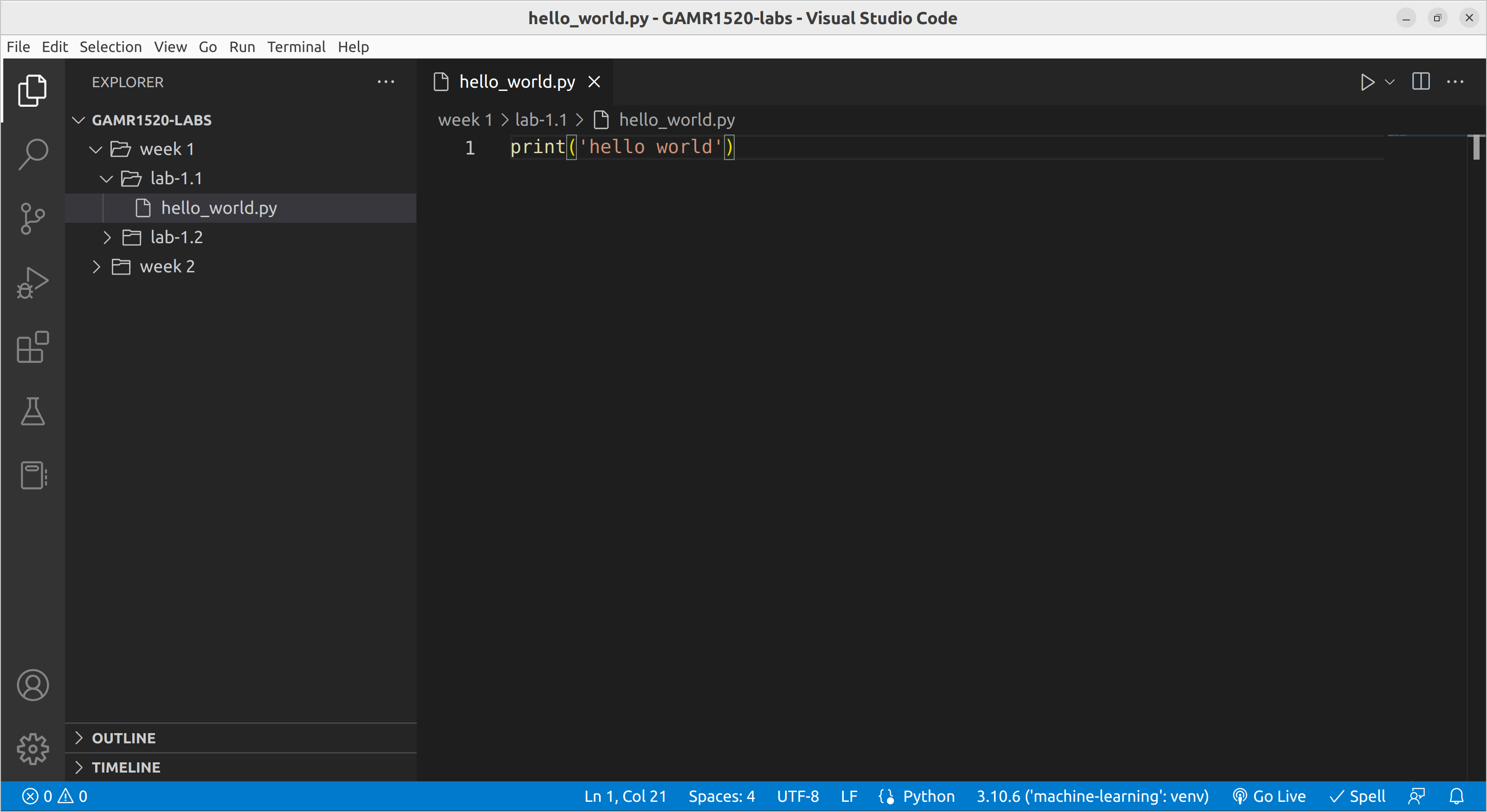 hello world script in vscode